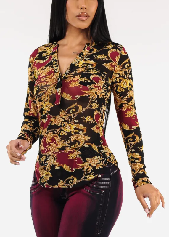 Long Sleeve Printed Button Up Mesh Blouse Black sold by Moda