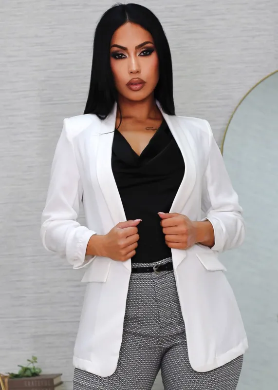 Quarter Sleeve Open Front White Blazer sold by Moda