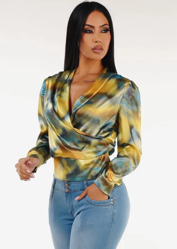 Long Sleeve Stretch Satin Printed Surplice Blouse Yellow sold by Moda