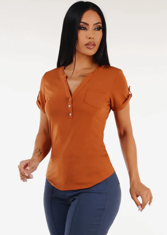 Short Sleeve Half Button Up Blouse Rust sold by Moda