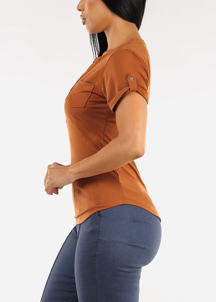 Short Sleeve Half Button Up Blouse Rust sold by Moda product image thumbnail 3