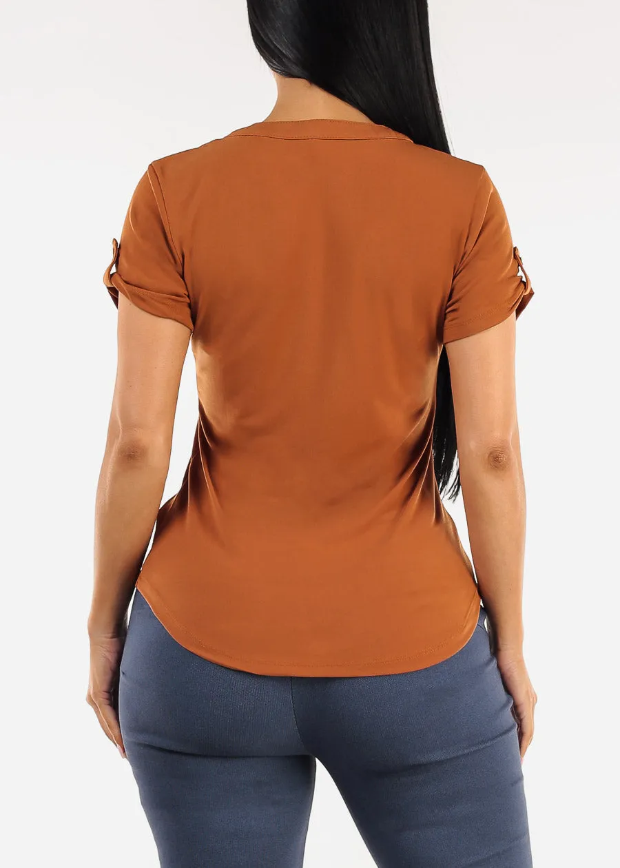 Short Sleeve Half Button Up Blouse Rust sold by Moda product image thumbnail 4
