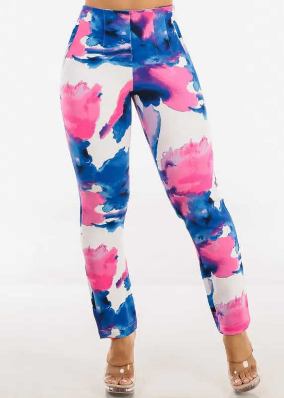 Super High Waist Straight Leg Printed Dressy Pants Blue & Pink sold by Moda