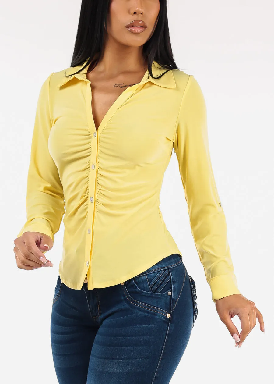 Stretchy Long Sleeve Button Up Ruched Collared Blouse Yellow sold by Moda