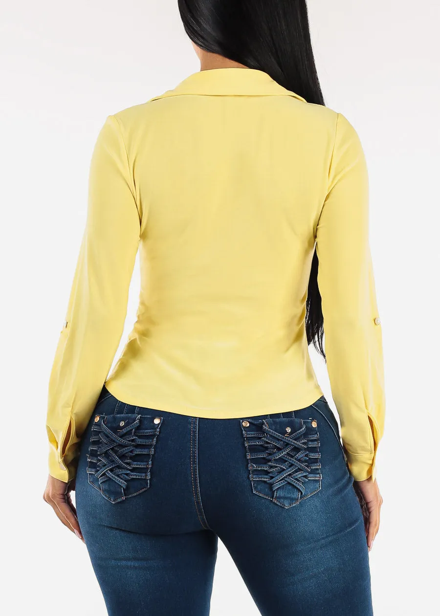 Stretchy Long Sleeve Button Up Ruched Collared Blouse Yellow sold by Moda product image thumbnail 4
