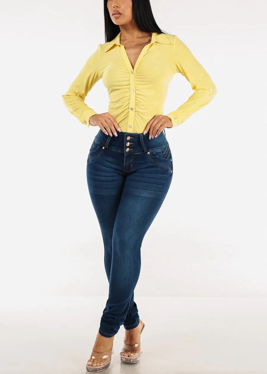 Stretchy Long Sleeve Button Up Ruched Collared Blouse Yellow sold by Moda product image thumbnail 2