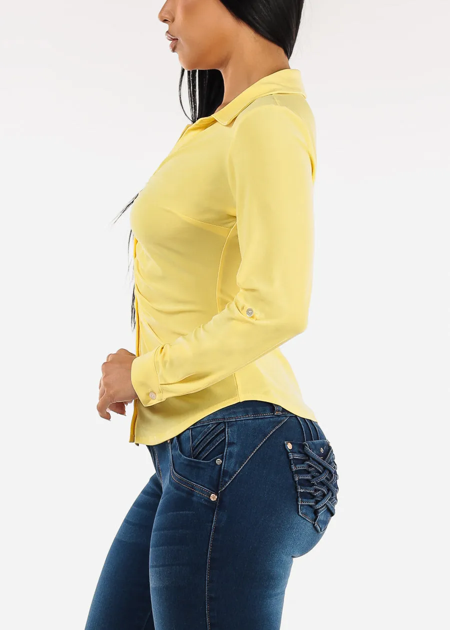 Stretchy Long Sleeve Button Up Ruched Collared Blouse Yellow sold by Moda product image thumbnail 3