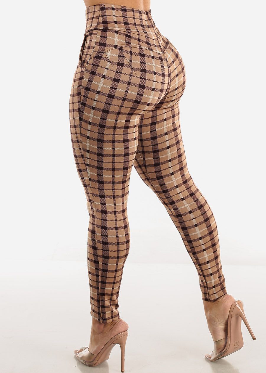 High Waist Pull On Levantacola Plaid Skinny Pants Beige sold by Moda product image thumbnail 5