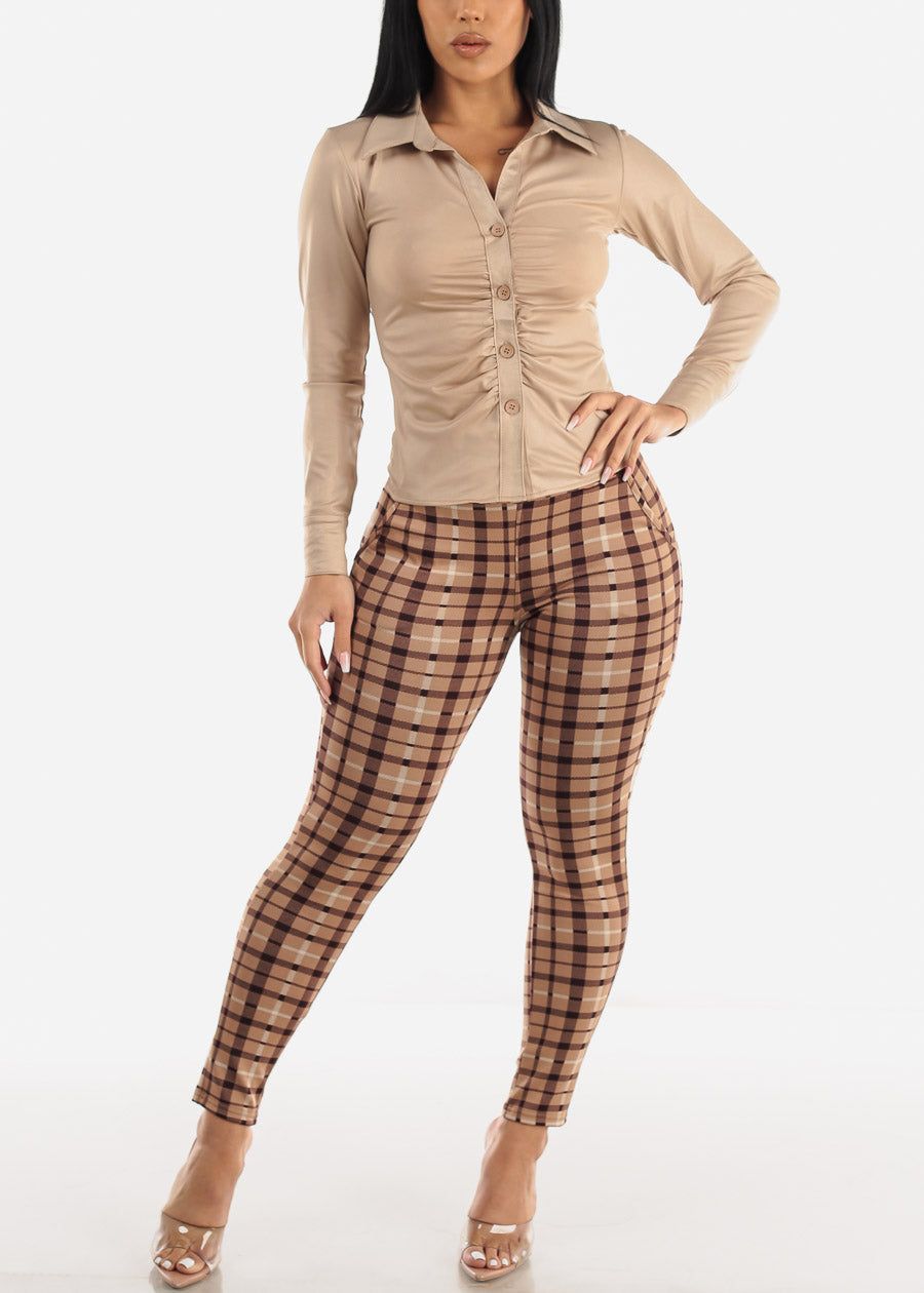 High Waist Pull On Levantacola Plaid Skinny Pants Beige sold by Moda product image thumbnail 2