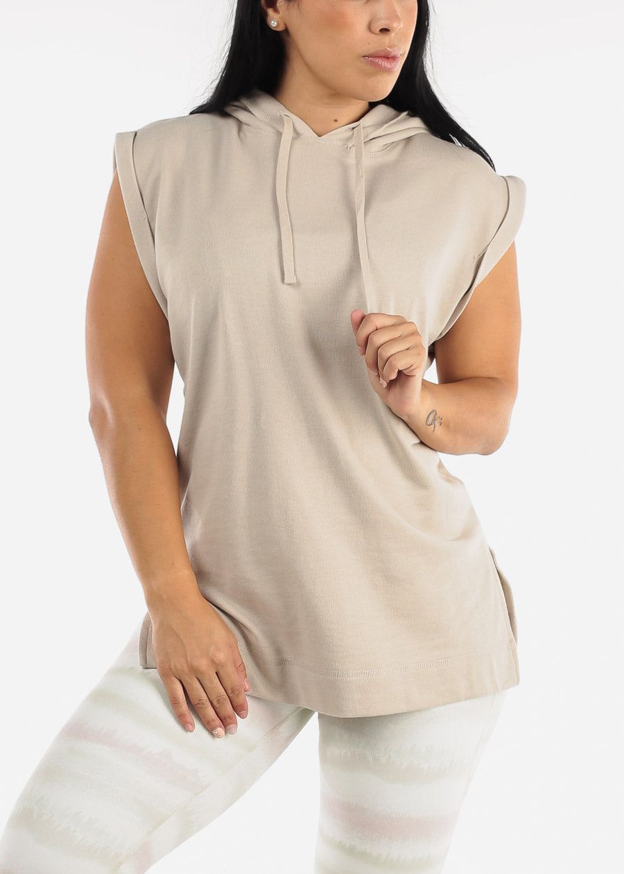 MONO B Activewear Cap Sleeve Pullover Hoodie Beige sold by Moda