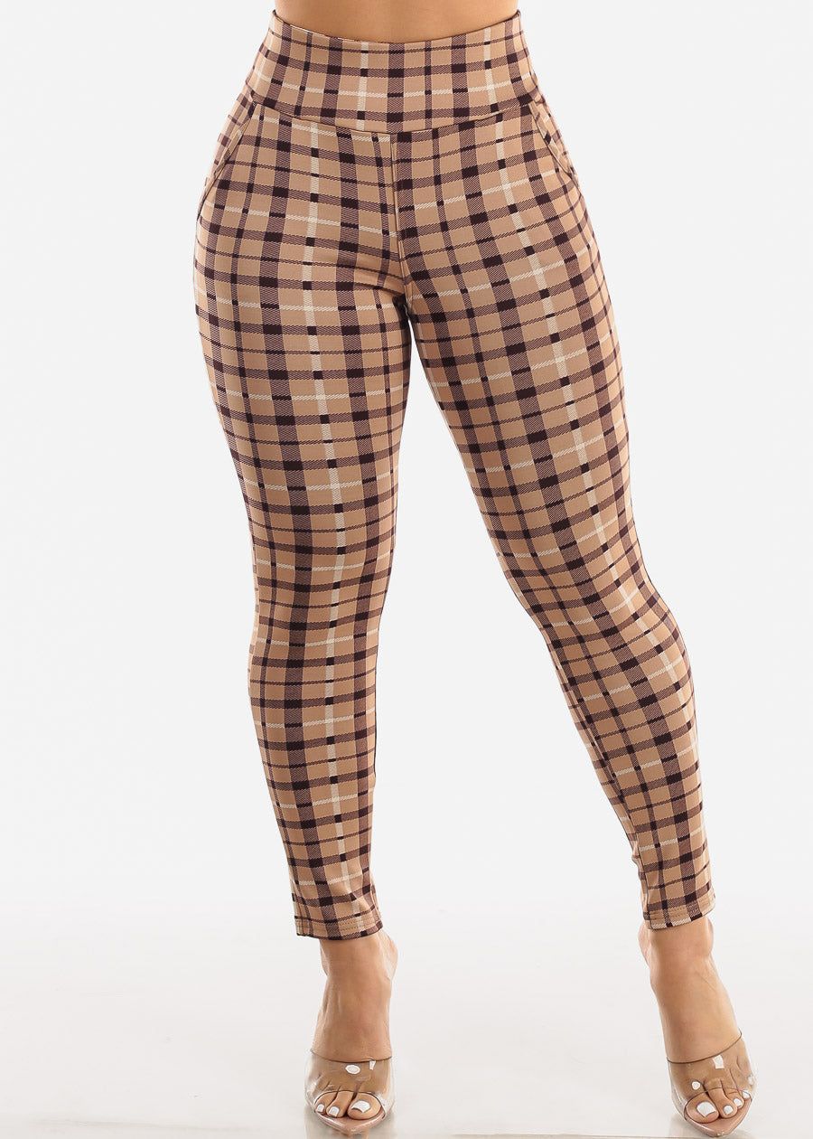High Waist Pull On Levantacola Plaid Skinny Pants Beige sold by Moda product image thumbnail 3
