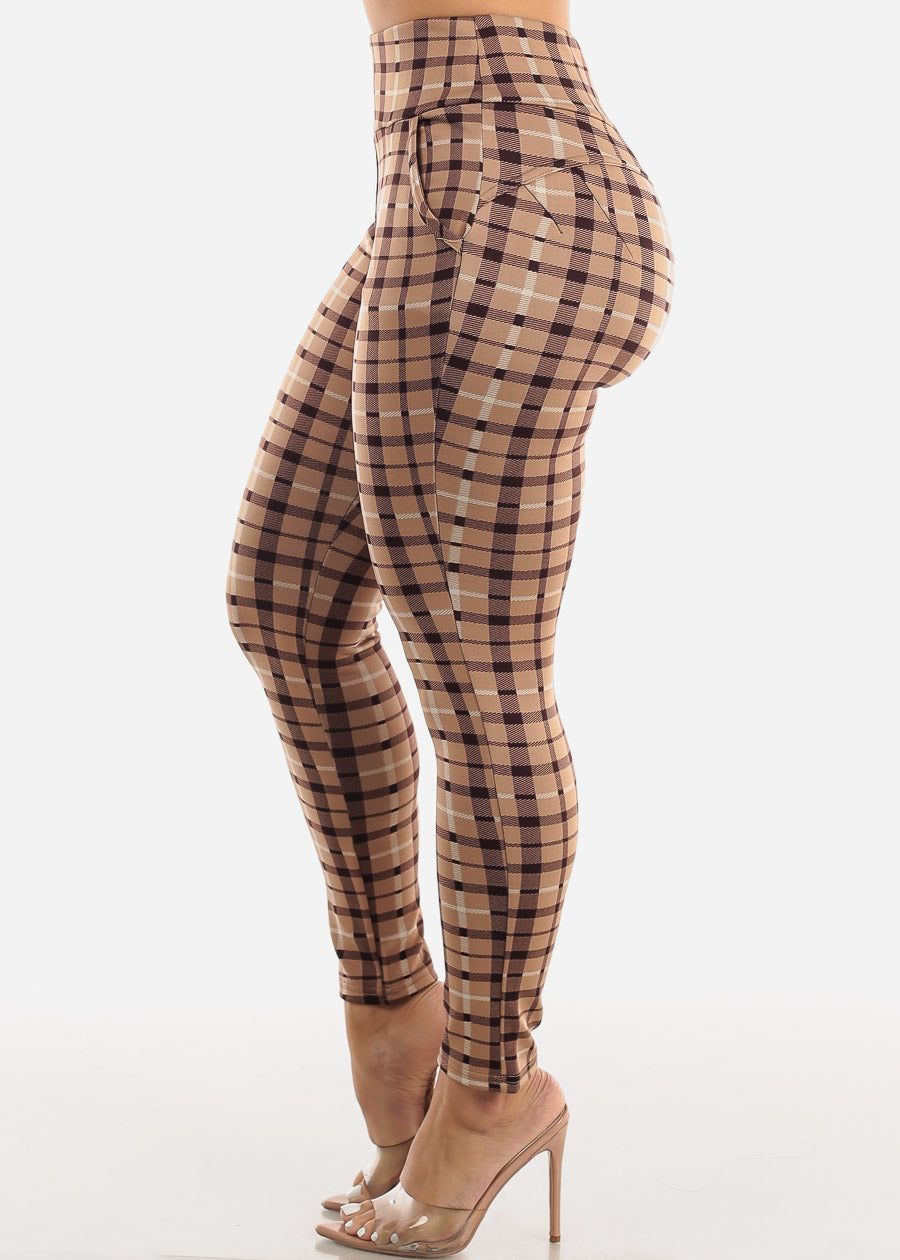 High Waist Pull On Levantacola Plaid Skinny Pants Beige sold by Moda product image thumbnail 4