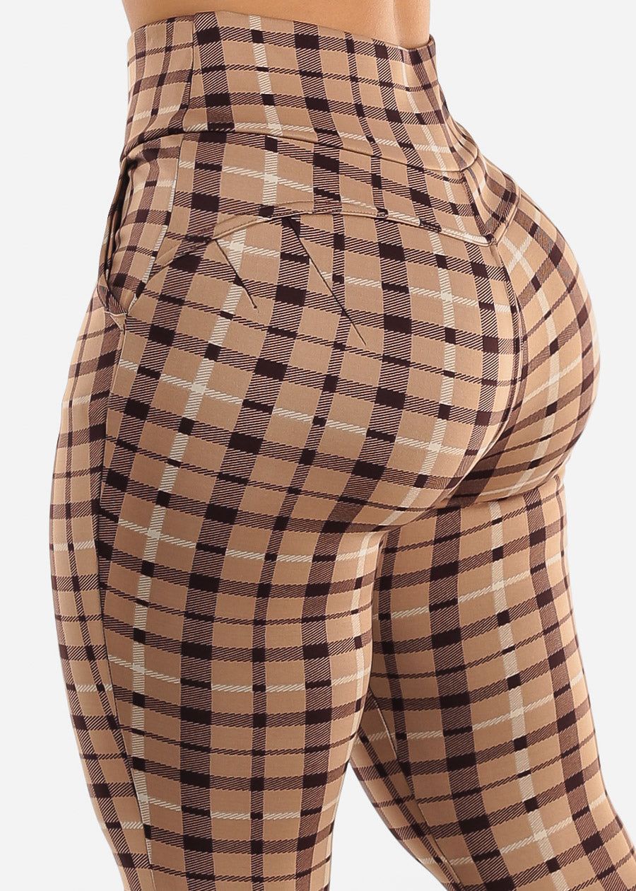 High Waist Pull On Levantacola Plaid Skinny Pants Beige sold by Moda