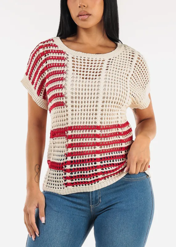 Short Sleeve Multi Stripe Crochet Knit Top Beige sold by Moda