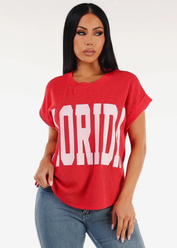Short Sleeve Sweater Knit Graphic Tee Red "Florida" sold by Moda