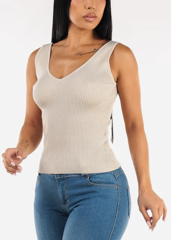 Stretchy Sleeveless Vneck Ribbed Top Beige sold by Moda