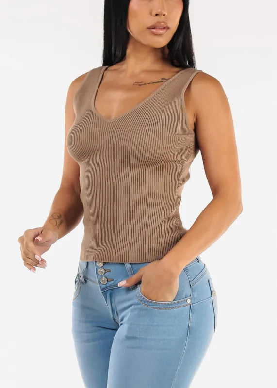 Stretchy Sleeveless Vneck Ribbed Top Taupe sold by Moda