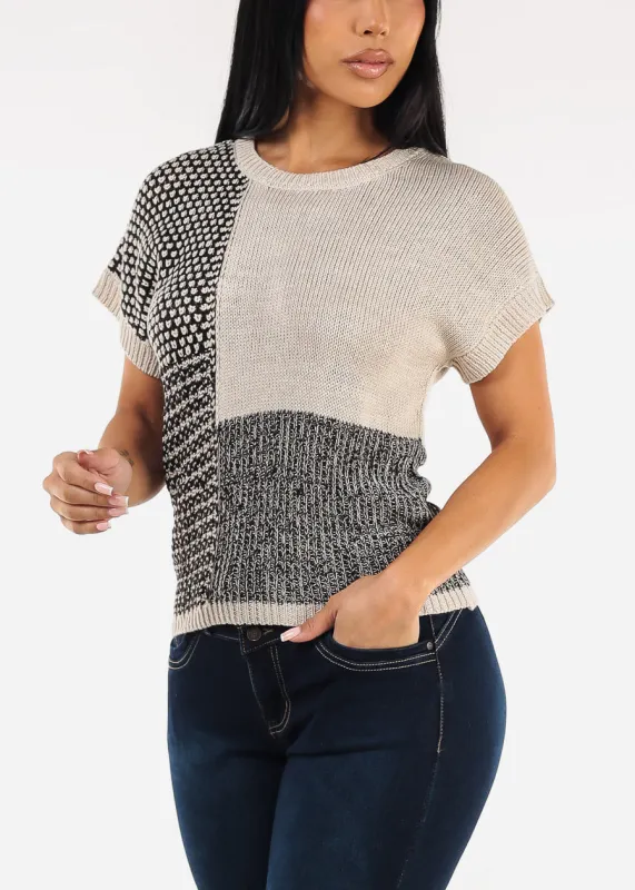 Short Sleeve Colorblock Printed Sweater Top Black & Beige sold by Moda
