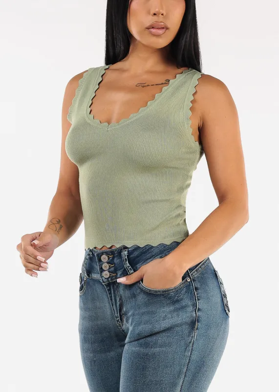 Sleeveless Vneck Stretchy Blouse Light Olive w Scallop Trim sold by Moda