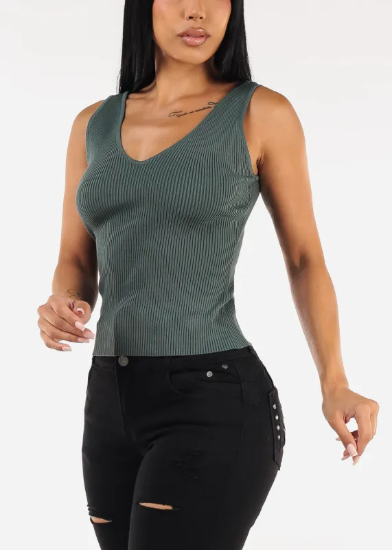 Stretchy Sleeveless Vneck Ribbed Top Dark Green sold by Moda
