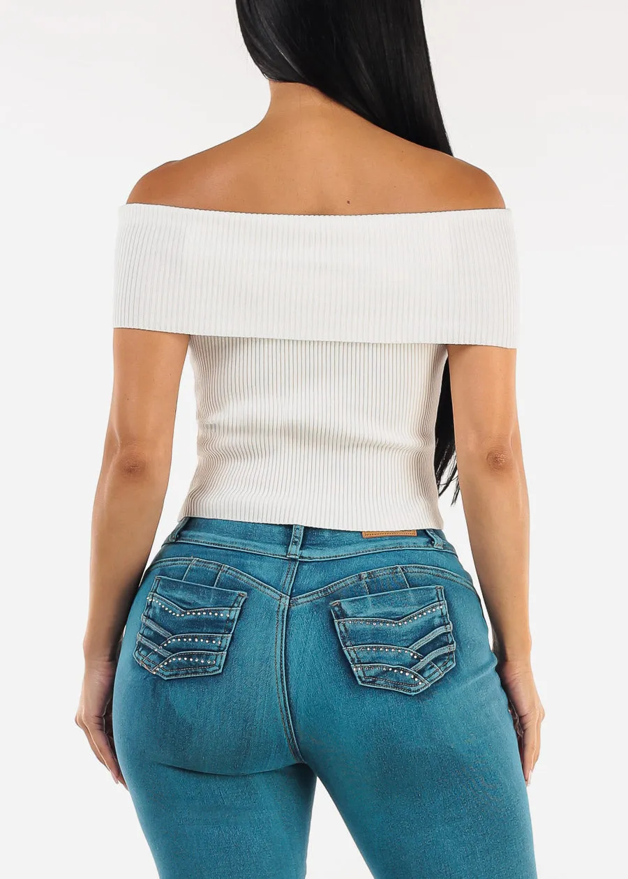 Stretchy Off Shoulder White Ribbed Top sold by Moda product image thumbnail 4