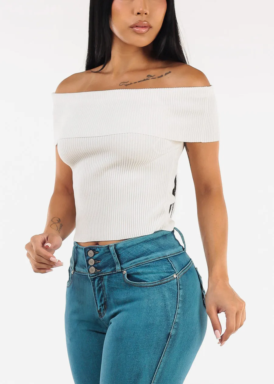 Stretchy Off Shoulder White Ribbed Top sold by Moda