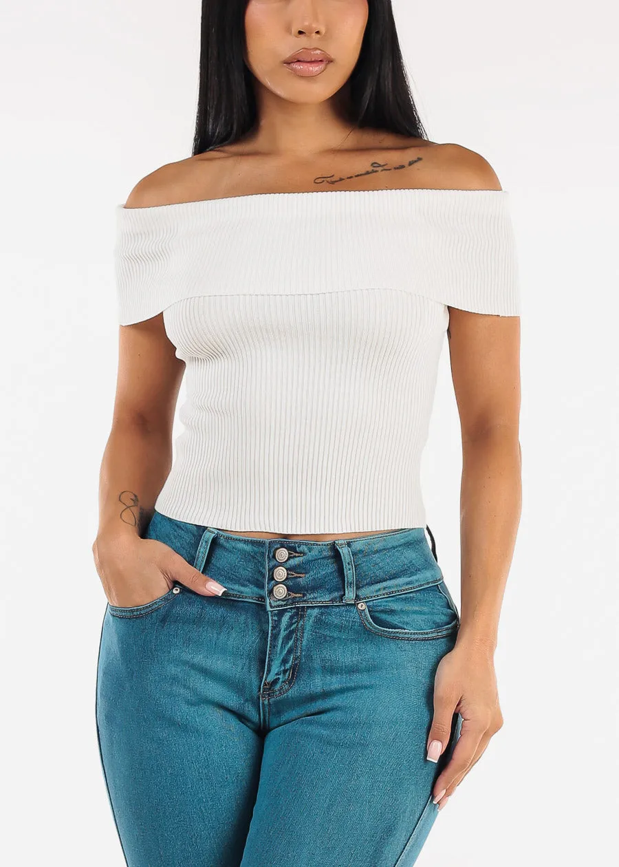 Stretchy Off Shoulder White Ribbed Top sold by Moda product image thumbnail 5