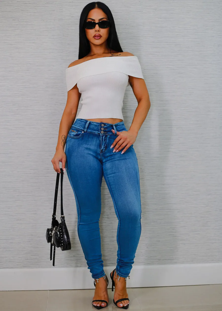 Stretchy Off Shoulder White Ribbed Top sold by Moda product image thumbnail 2