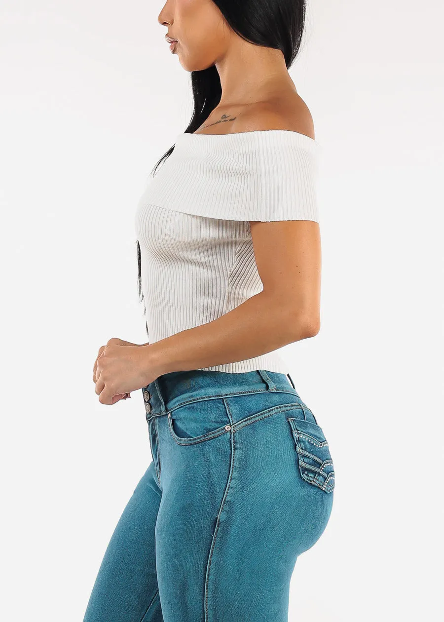 Stretchy Off Shoulder White Ribbed Top sold by Moda product image thumbnail 3