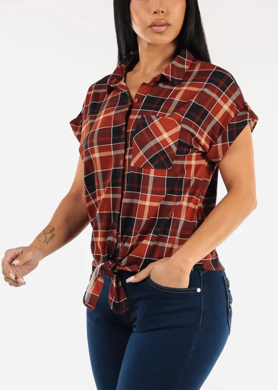 Tie Front Short Sleeve Button Up Plaid Blouse Black & Rust sold by Moda