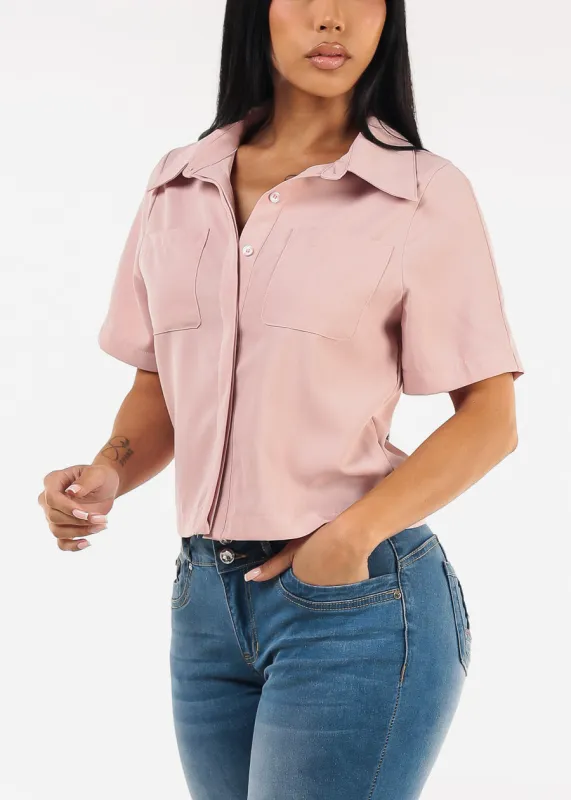 Short Sleeve Button Up Collared Blouse Mauve sold by Moda