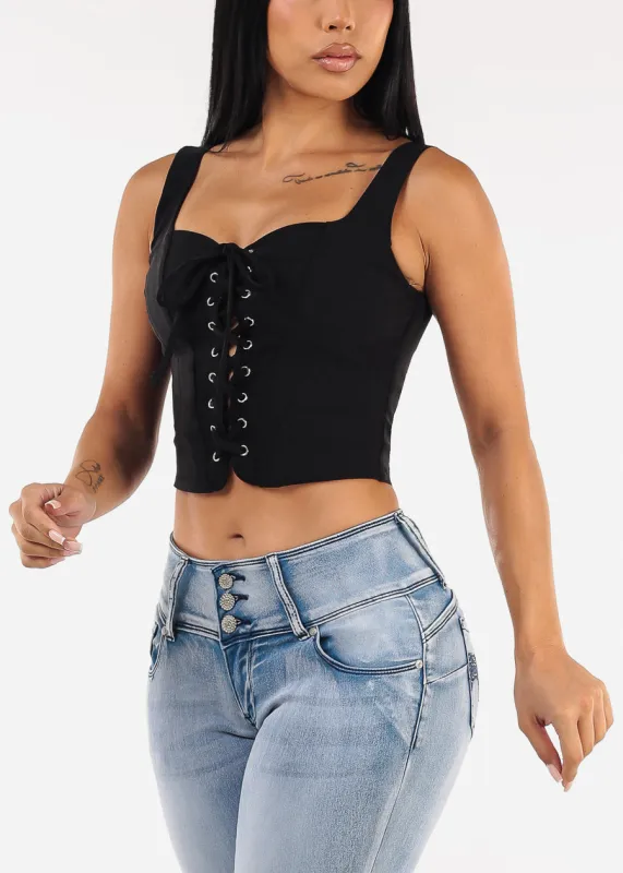 Sleeveless Lace Up Crop Top Black sold by Moda