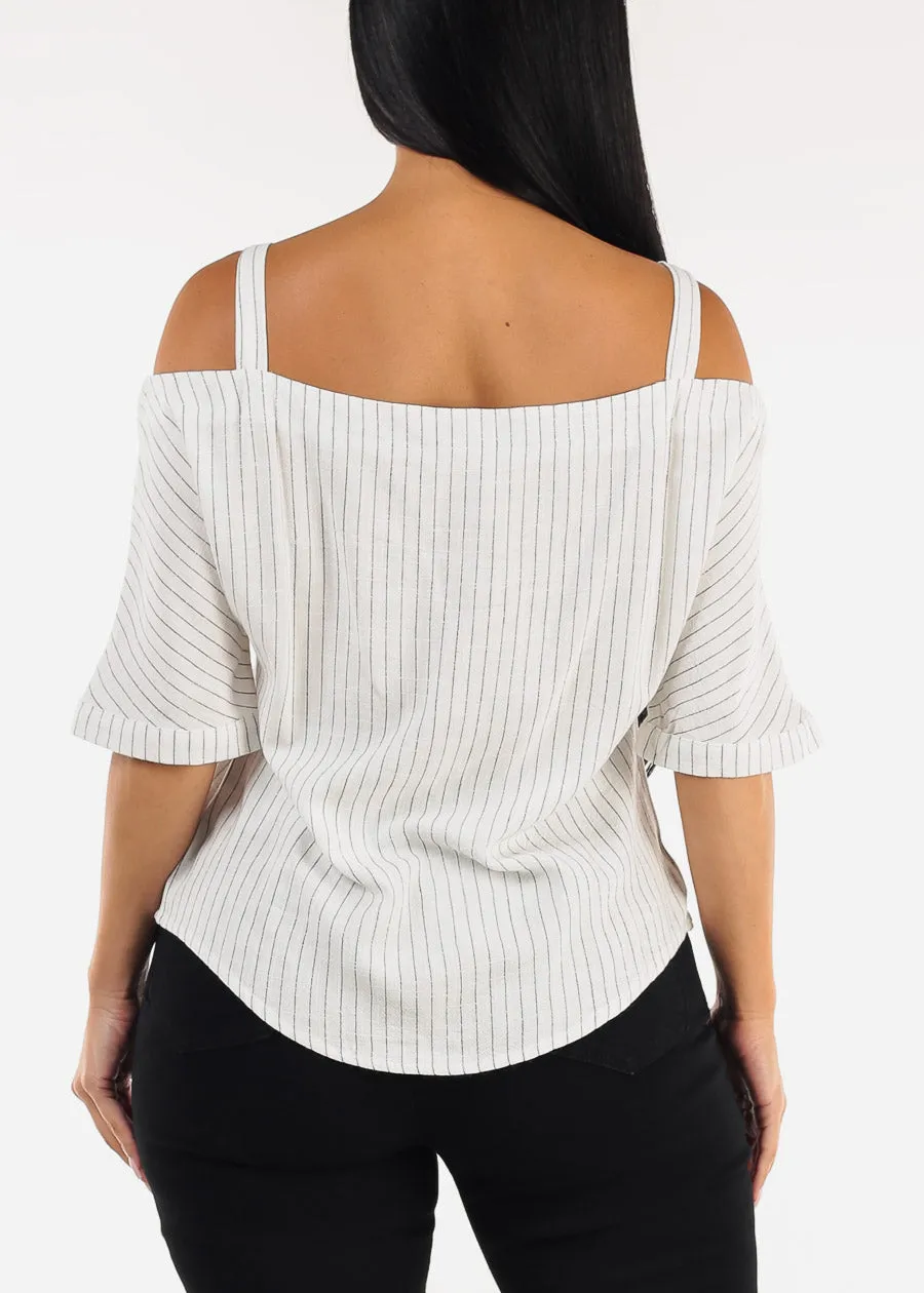 Cold Shoulder White Linen Stripe Blouse sold by Moda product image thumbnail 4