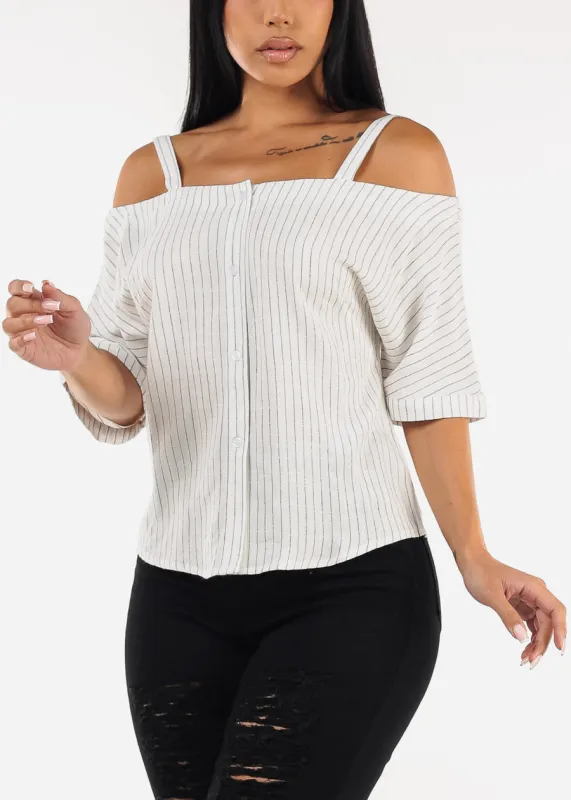 Cold Shoulder White Linen Stripe Blouse sold by Moda