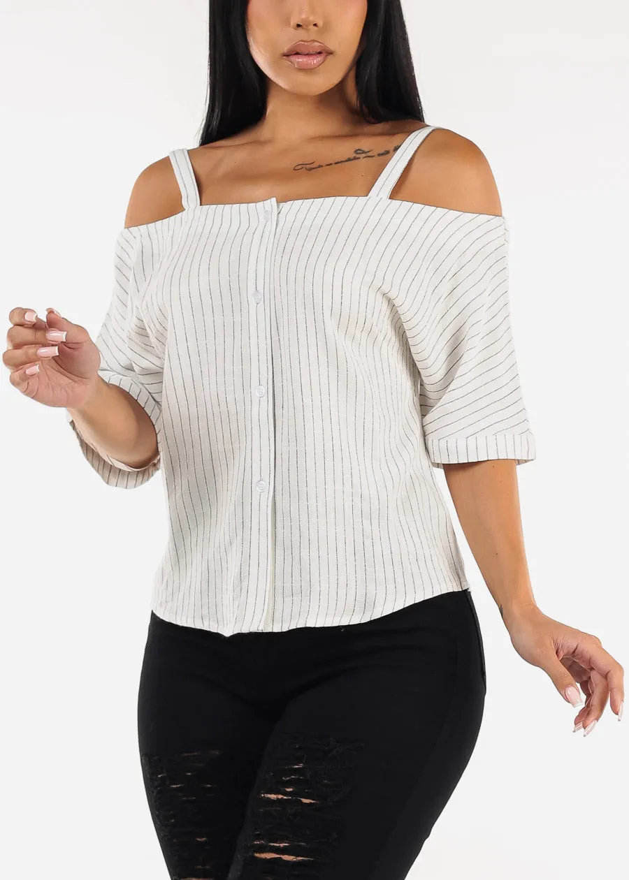 Cold Shoulder White Linen Stripe Blouse sold by Moda