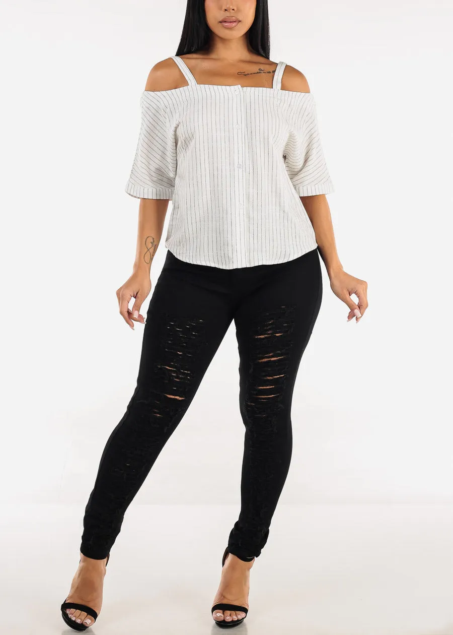Cold Shoulder White Linen Stripe Blouse sold by Moda product image thumbnail 2