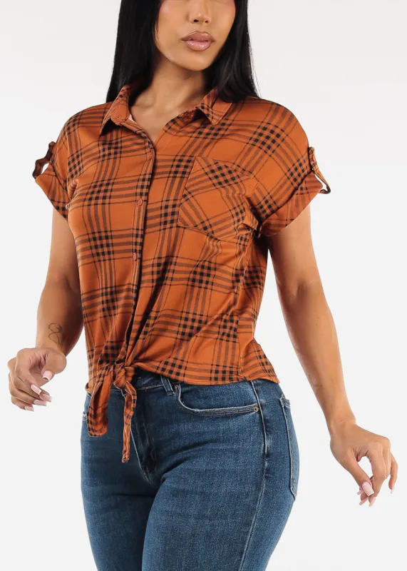 Tie Front Short Sleeve Button Up Plaid Blouse Dark Orange sold by Moda