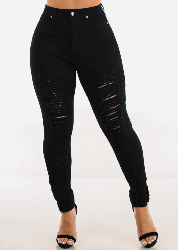 Distressed Super High Waist Stretch Skinny Jeans Black sold by Moda