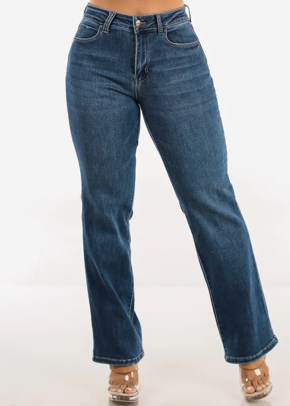 High Waist Straight Wide Leg Stretch Jeans Med Blue sold by Moda