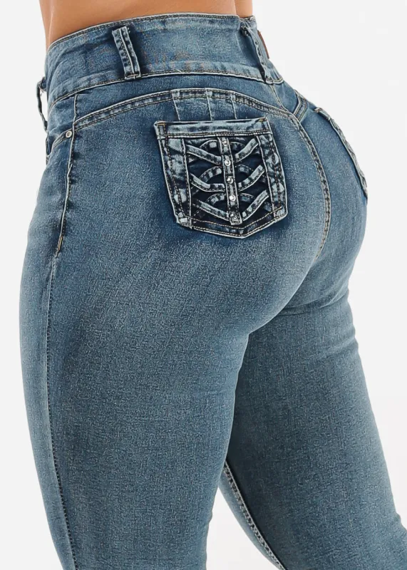 Butt Lift High Waist Stretch Skinny Jeans Dark Acid Wash sold by Moda