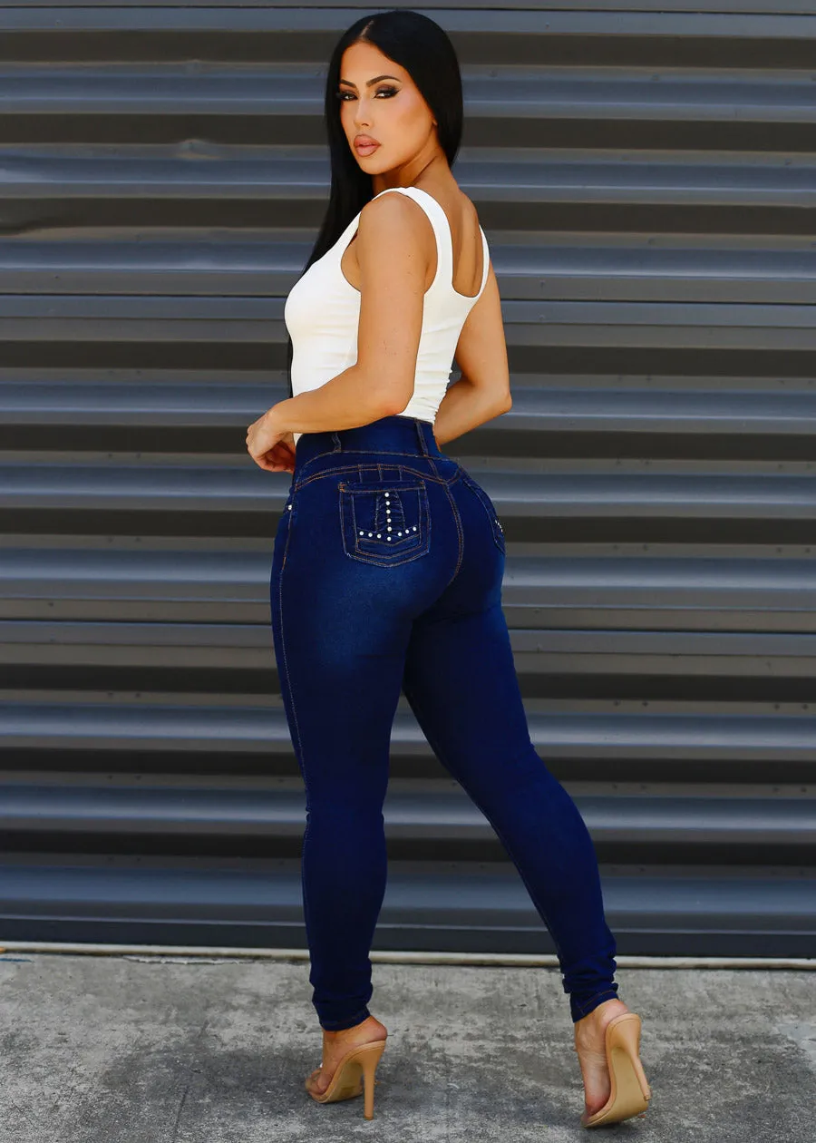 Butt Lift Mid Rise Stretch Skinny Jeans Dark Blue sold by Moda product image thumbnail 4