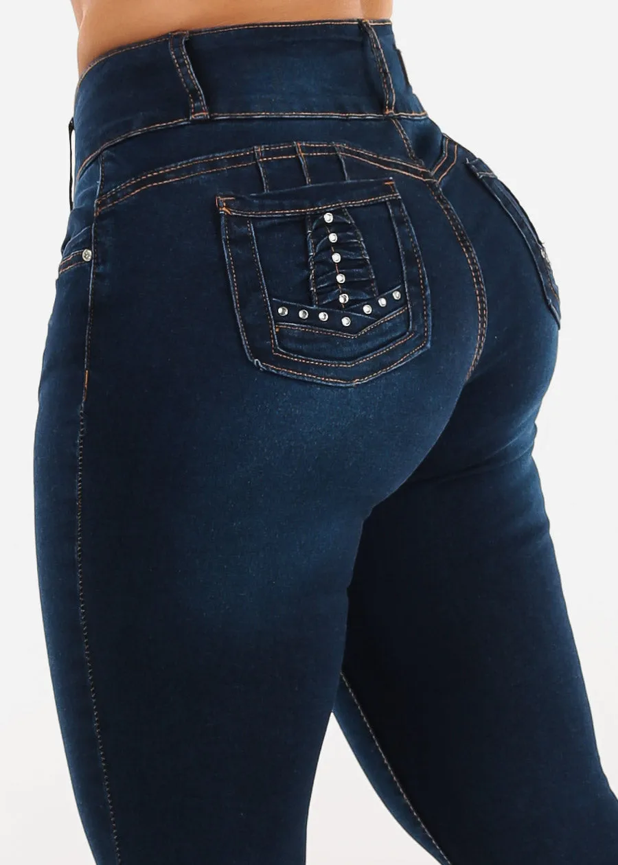 Butt Lift Mid Rise Stretch Skinny Jeans Dark Blue sold by Moda