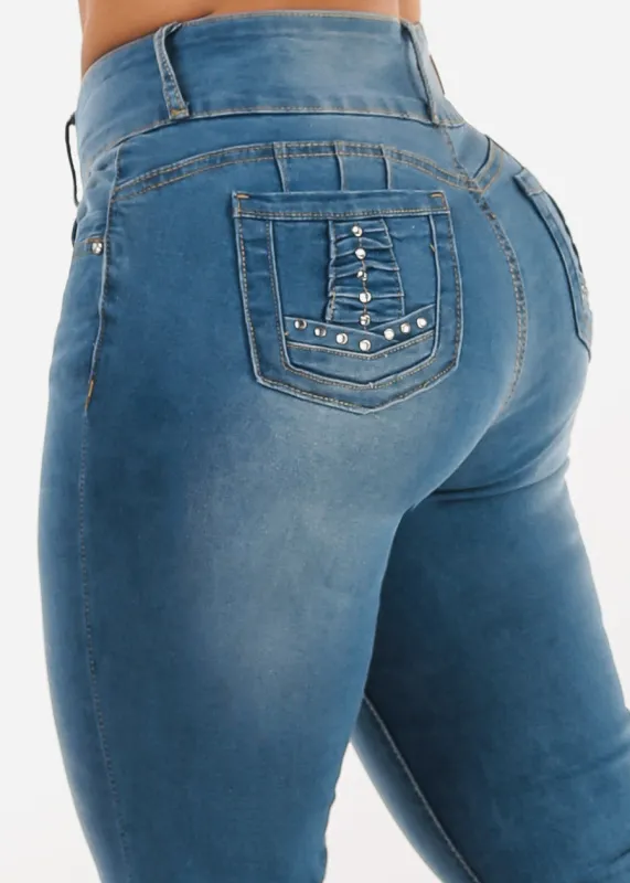Butt Lift Mid Rise Stretch Skinny Jeans Light Wash sold by Moda