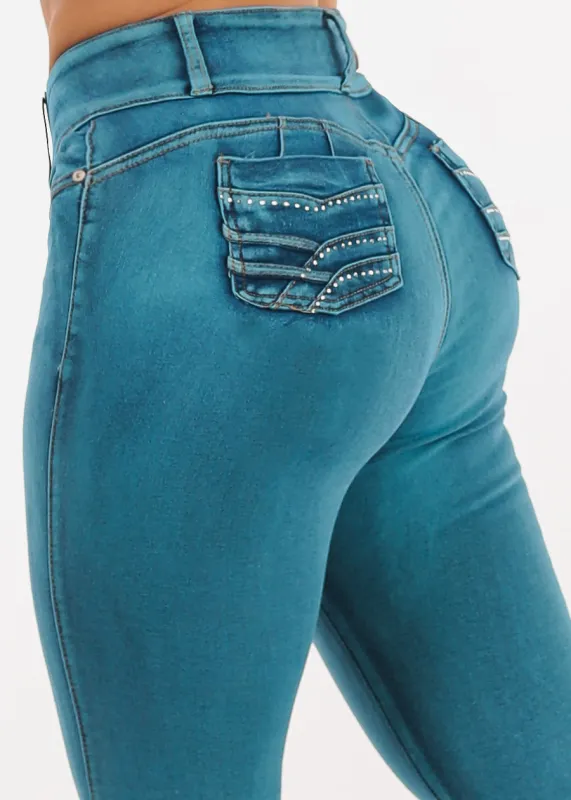 Butt Lift Mid Rise Stretch Skinny Jeans Teal sold by Moda