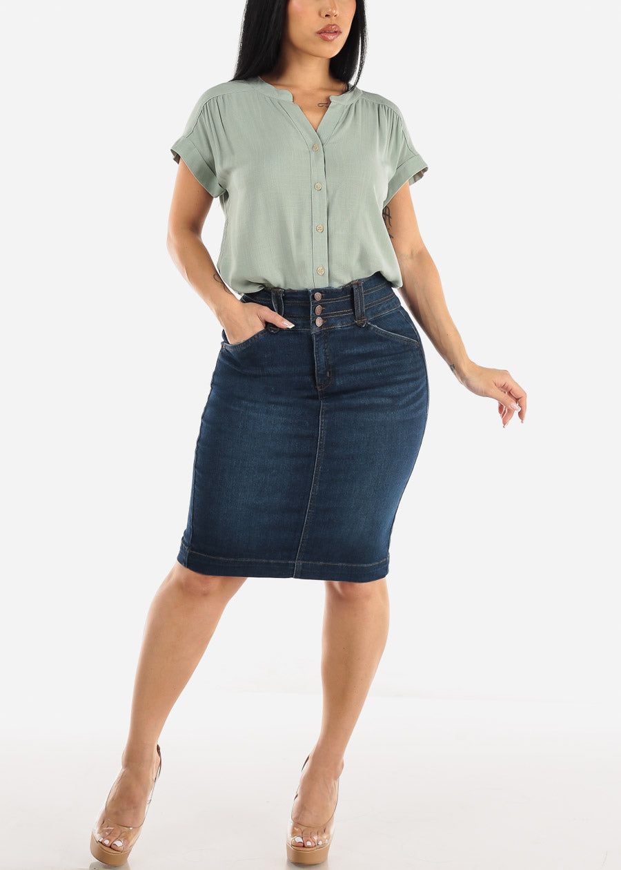 Short Sleeve Round Hem Button Up Woven Blouse Sage sold by Moda product image thumbnail 2