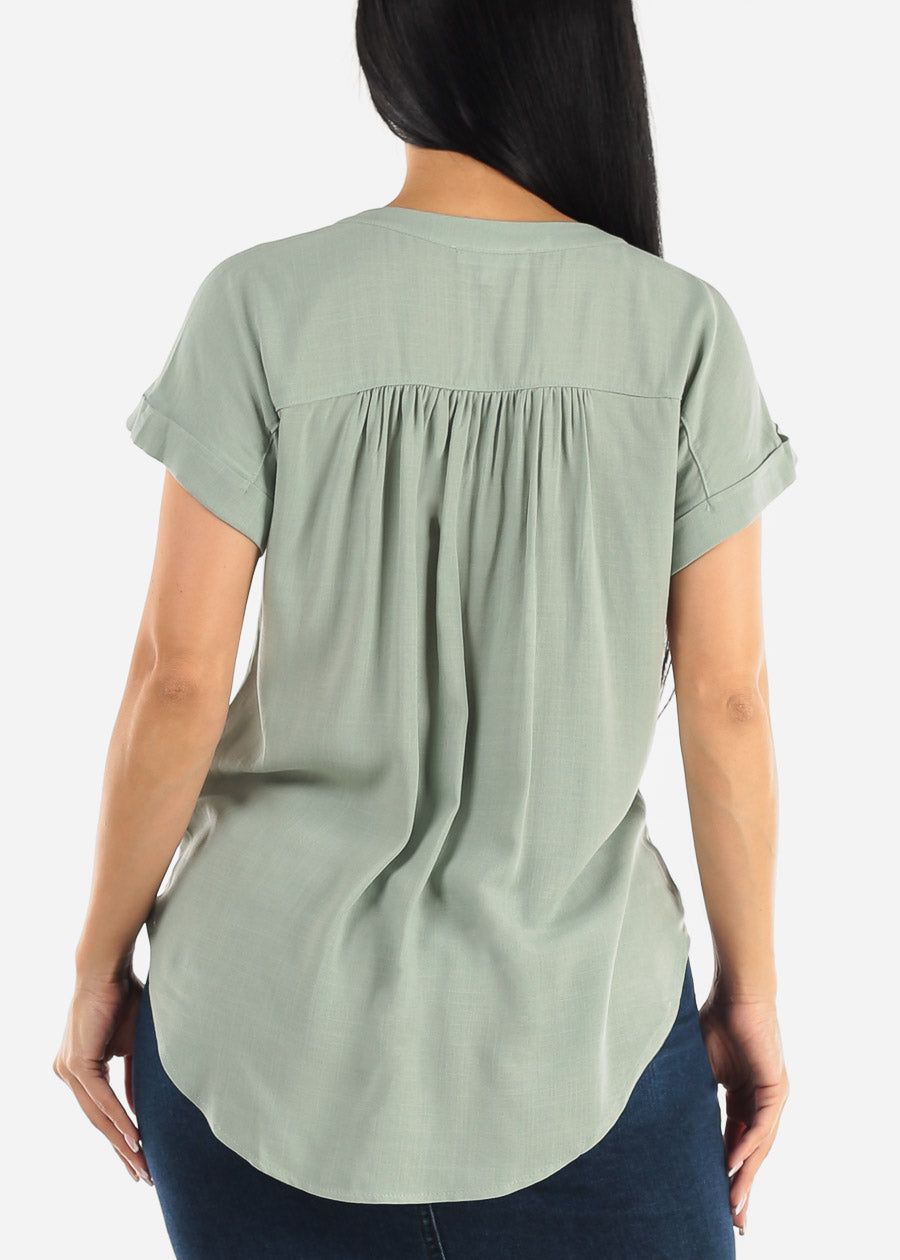 Short Sleeve Round Hem Button Up Woven Blouse Sage sold by Moda product image thumbnail 4