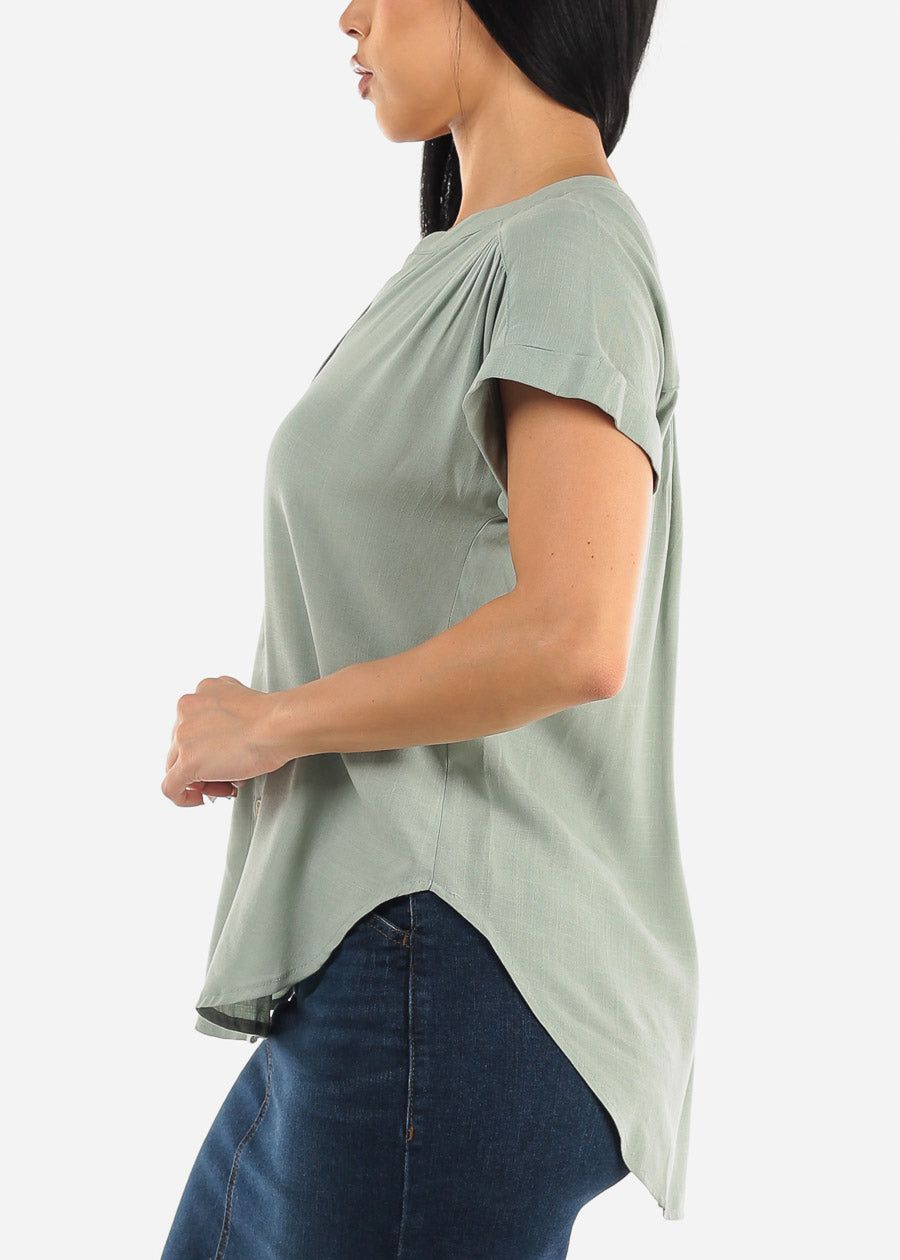 Short Sleeve Round Hem Button Up Woven Blouse Sage sold by Moda product image thumbnail 3