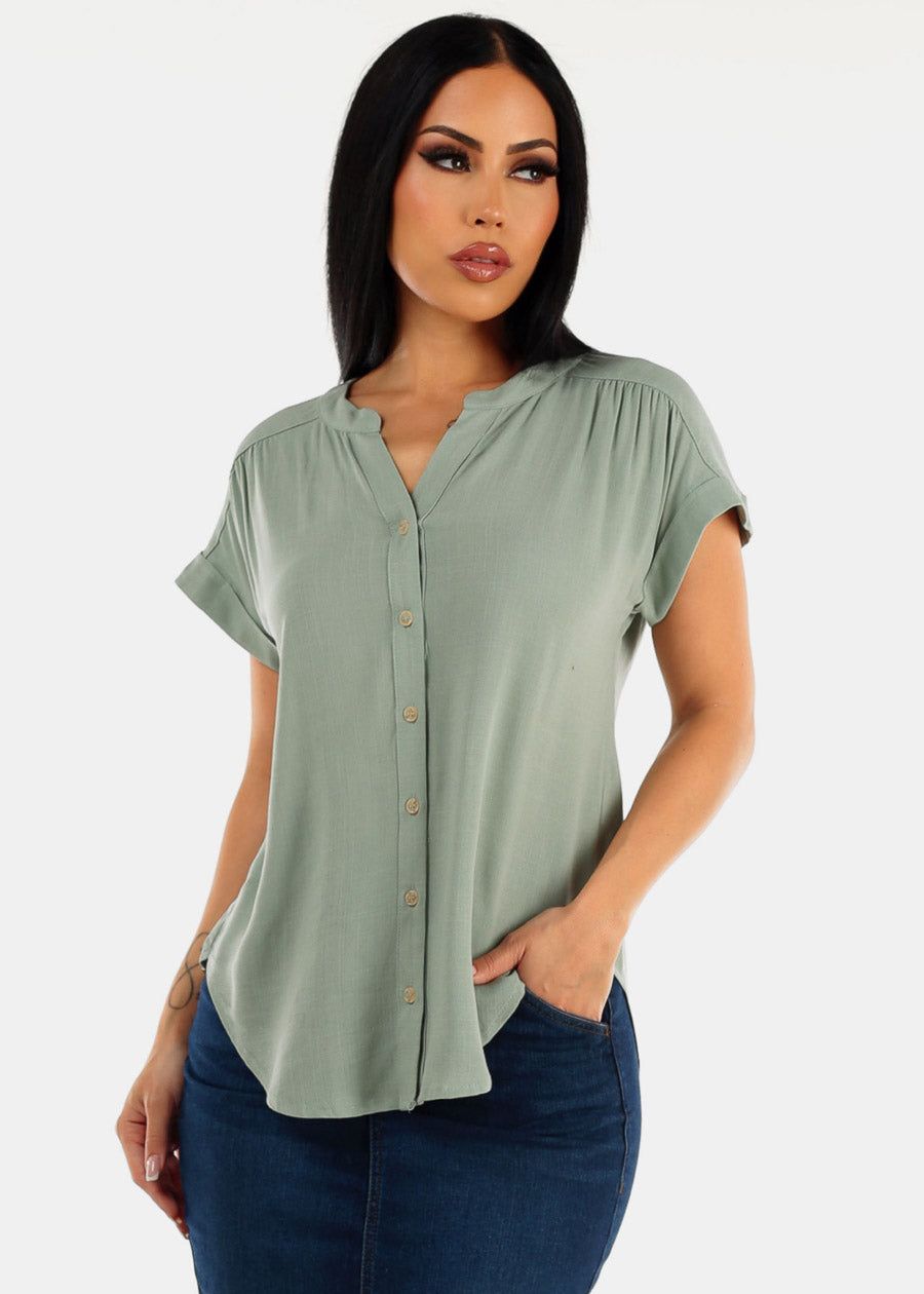 Short Sleeve Round Hem Button Up Woven Blouse Sage sold by Moda