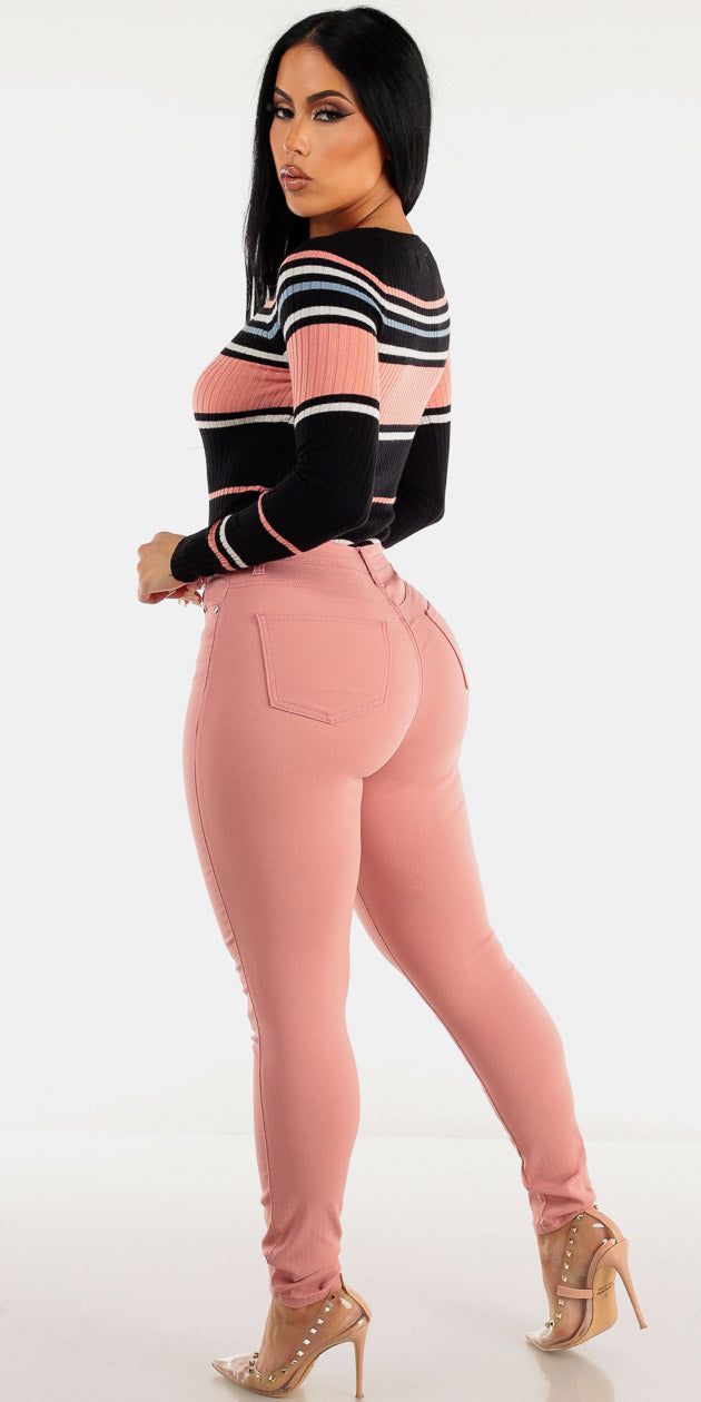 High Rise Hyper Stretch PInk Skinny Pants with Long Sleeve Multi Stripe Black Sweater sold by Moda product image thumbnail 2