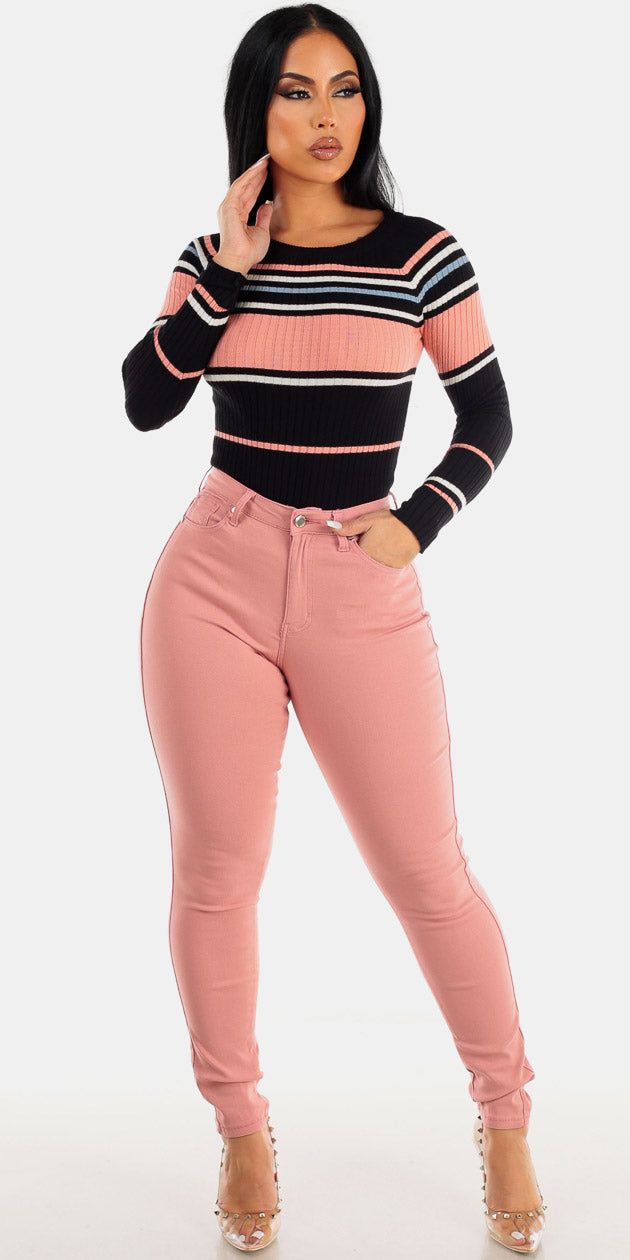 High Rise Hyper Stretch PInk Skinny Pants with Long Sleeve Multi Stripe Black Sweater sold by Moda